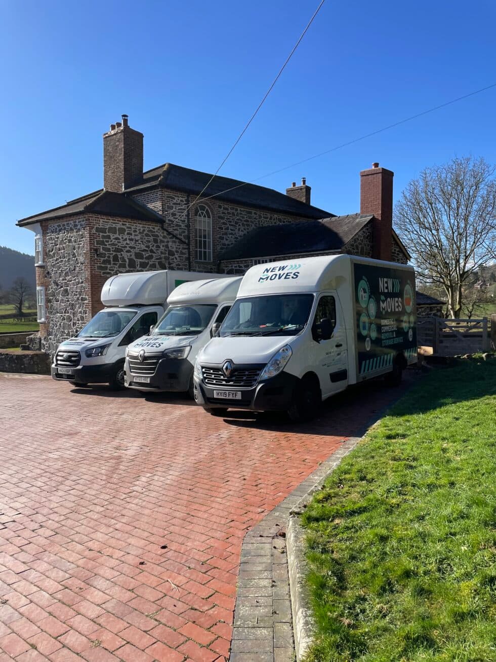 A different angle of the same three New Moves Removals vans parked outside the large stone house, with countryside and a tree in the background
