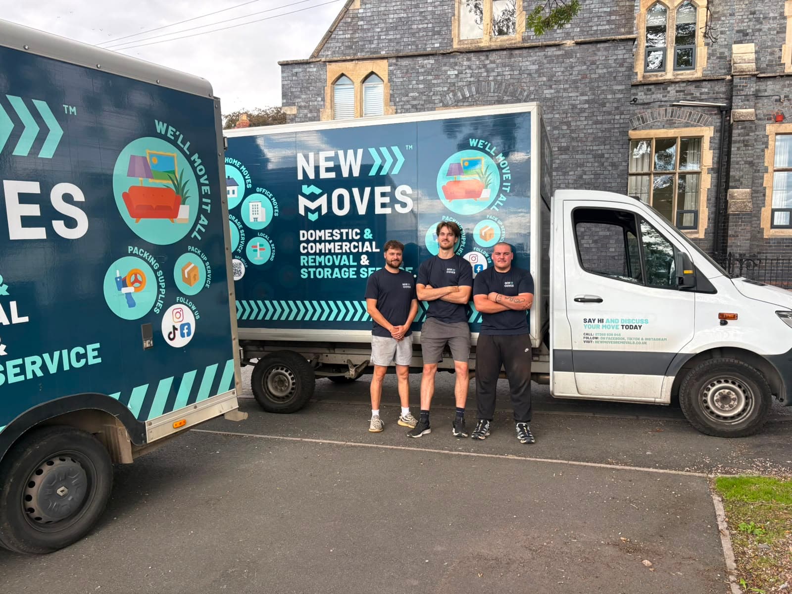 New Moves Removals team members outside a stone building