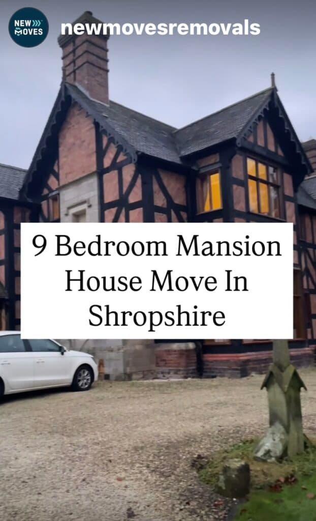 Instagram-style graphic captioned '9 Bedroom Mansion House Move In Shropshire' showing a large Tudor-style mansion exterior with a white car parked on the gravel driveway