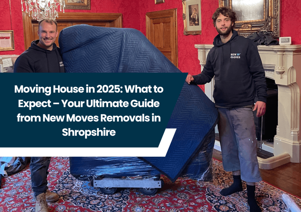 Two New Moves Removals staff in branded hoodies carrying a large blanket-wrapped item out of a room with red patterned wallpaper and an ornate fireplace, with text overlay 'Moving House in 2025: What to Expect – Your Ultimate Guide from New Moves Removals in Shropshire'