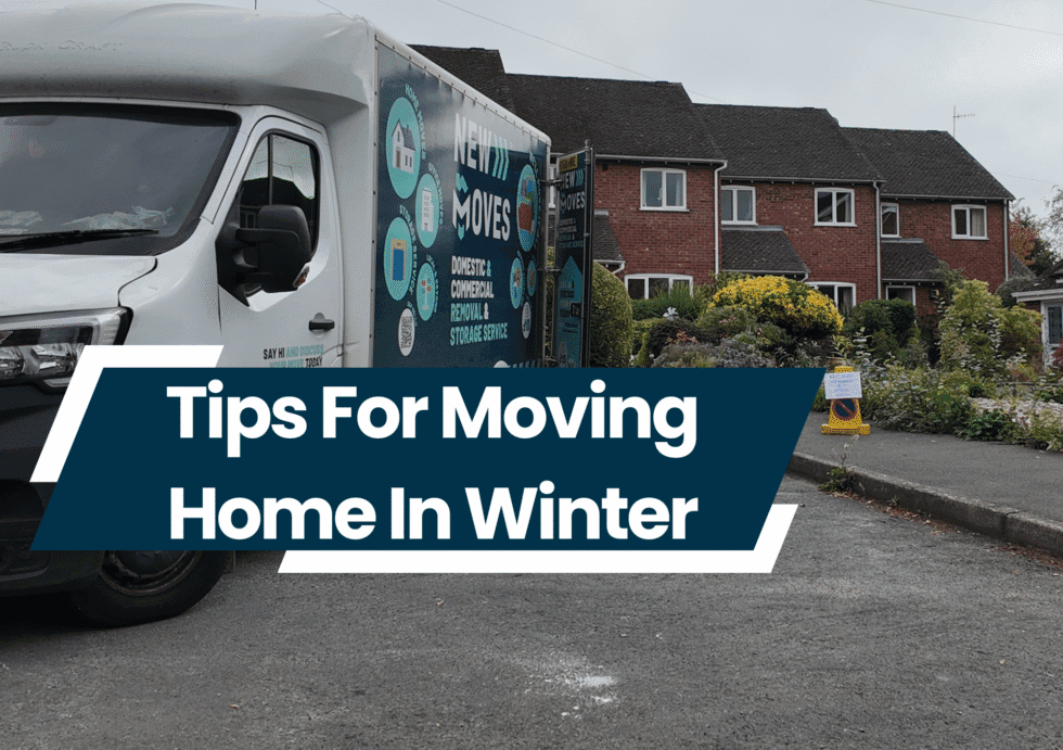 A New Moves Removals branded van parked on a residential street in front of red-brick houses, with text overlay 'Tips For Moving Home In Winter'