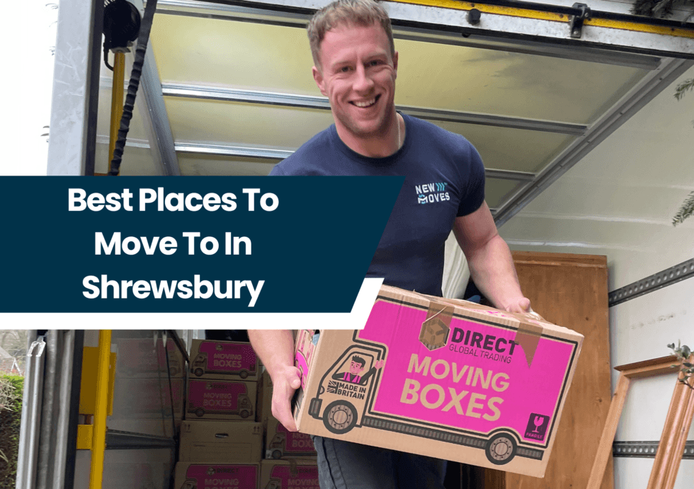 A New Moves Removals team member smiling while carrying a pink 'Moving Boxes' branded box out of a removal van, with text overlay 'Best Places To Move To In Shrewsbury'