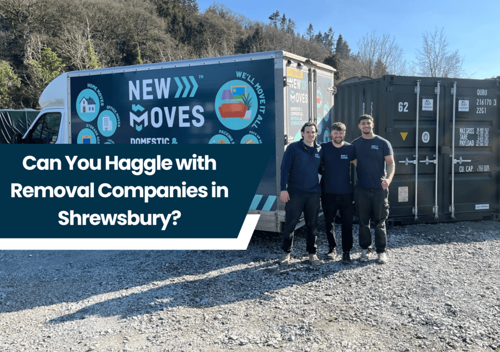 Three New Moves Removals team members standing beside a company van and storage container on a gravel yard