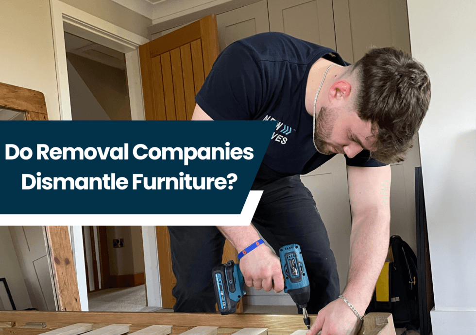 New Moves Removals team member using a power drill to dismantle a piece of furniture inside a customer's home