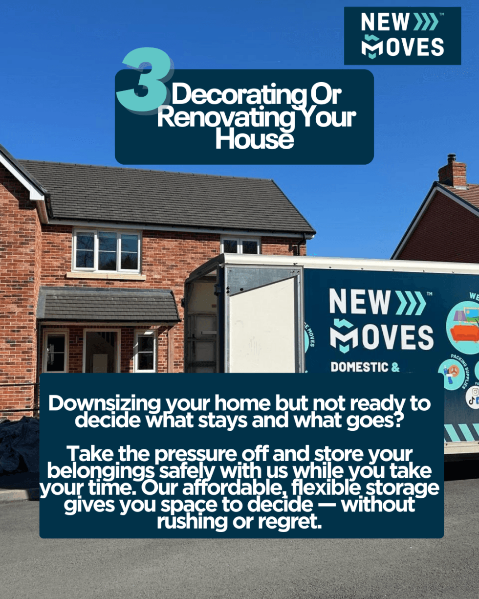 New Moves Removals van parked outside a house with its side door open, with graphic text reading '3 Decorating Or Renovating Your House'