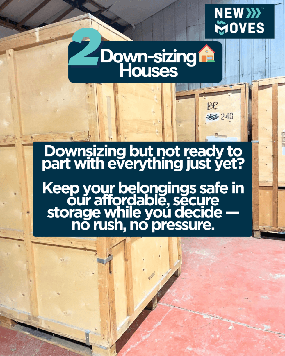 Wooden self-storage crate inside a New Moves Removals warehouse, with graphic text reading '2 Down-sizing Houses'