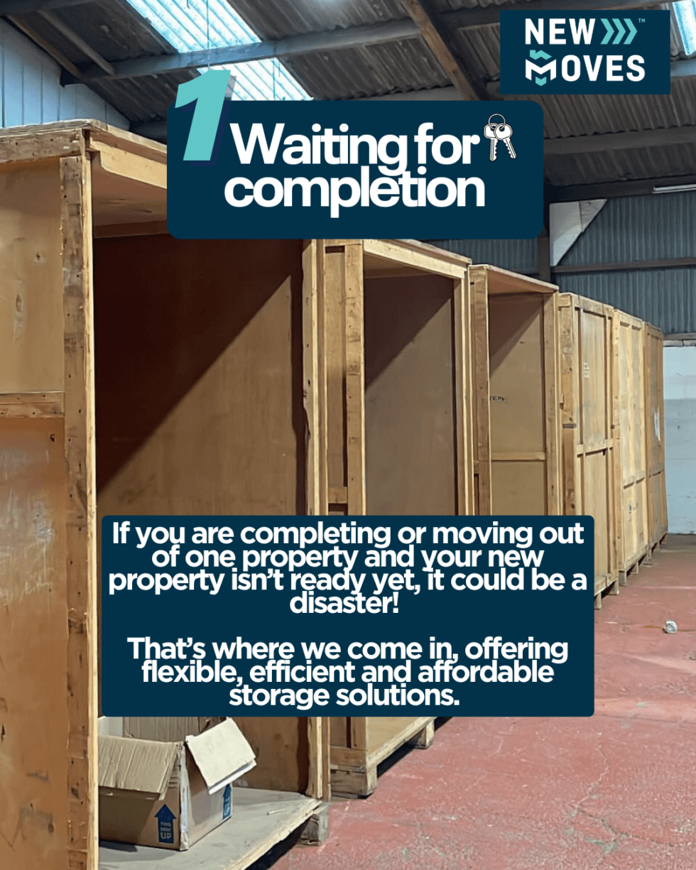 Row of wooden self-storage crates inside a New Moves Removals warehouse, with graphic text reading '1 Waiting for completion'