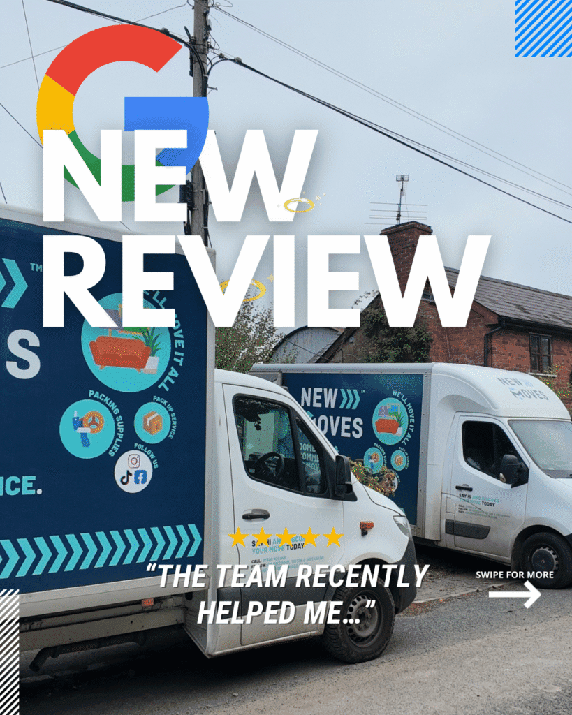 Social graphic reading 'New Review' over a photo of two New Moves branded removal vans, teasing a new five-star Google review