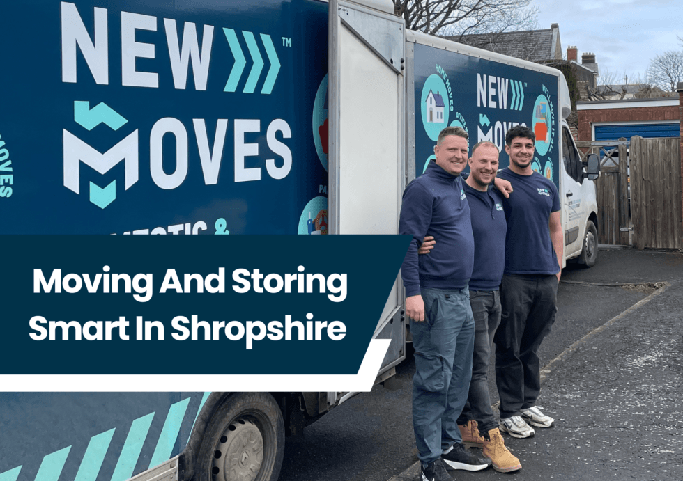 Three New Moves team members standing beside a branded removal van, with the blog title overlaid on the image